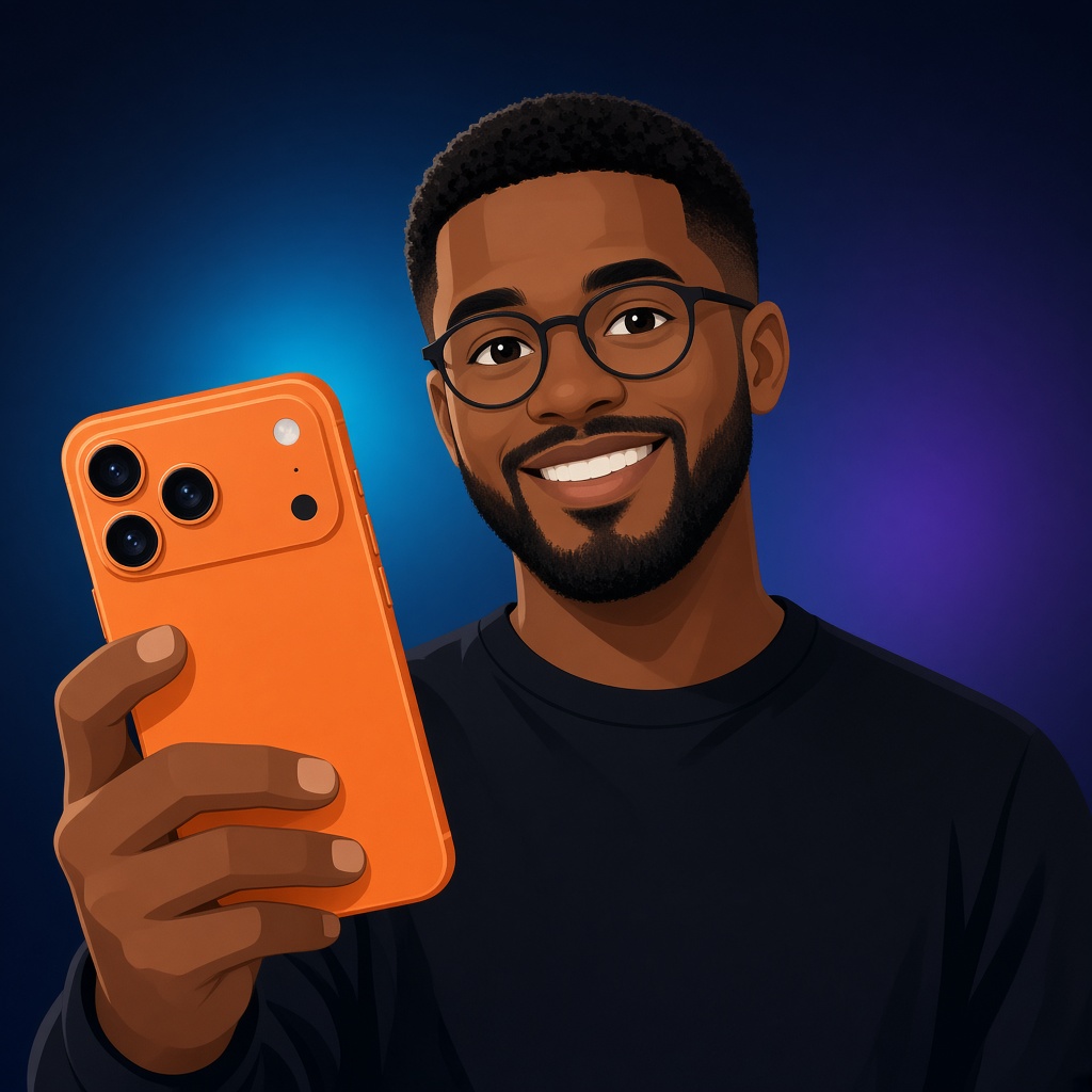 Cartoon of Simon taking a selfie with an orange phone